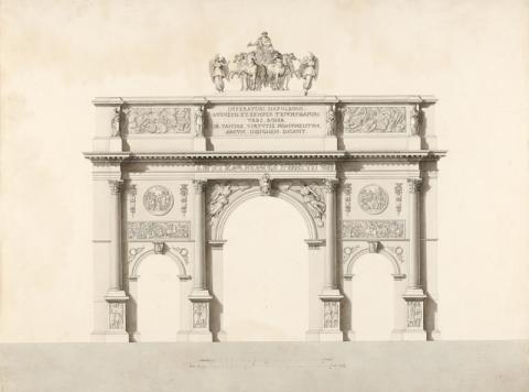 Progetto per un arco di trionfo in onore dell’imperatore Napoleone, inchiostro acquerellato su carta, Museo Napoleonico (inv. MN 3360)
