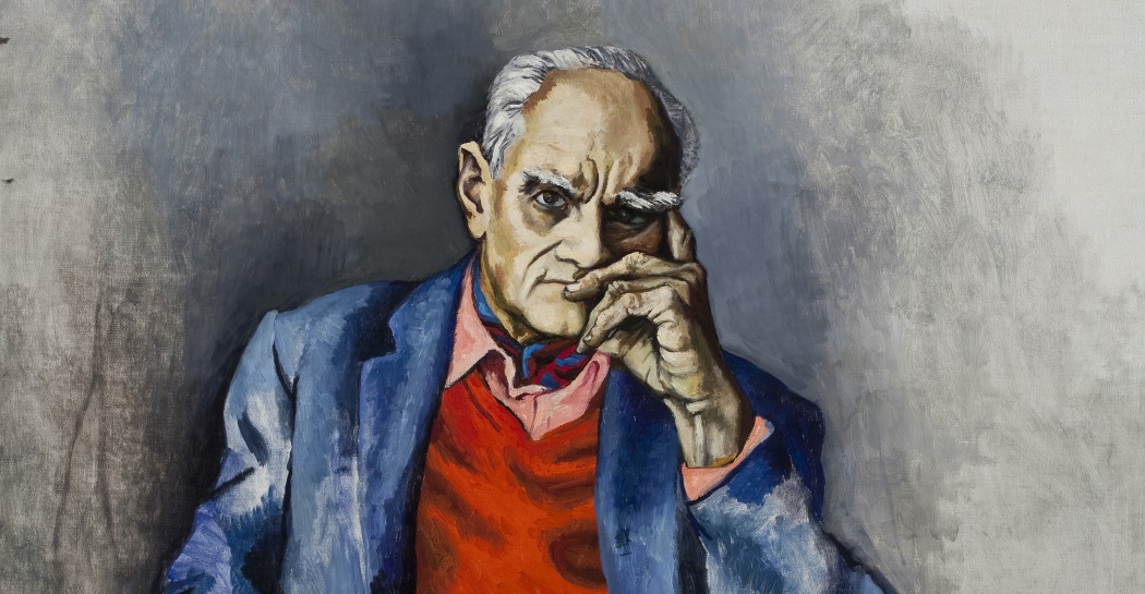 particolare del dipinto di RENATO GUTTUSO Ritratto Moravia con maglione rosso, 1982 olio su tela cm 122x95 particolare del dipinto di RENATO GUTTUSO Ritratto Moravia con maglione rosso, 1982 olio su tela cm 122x95