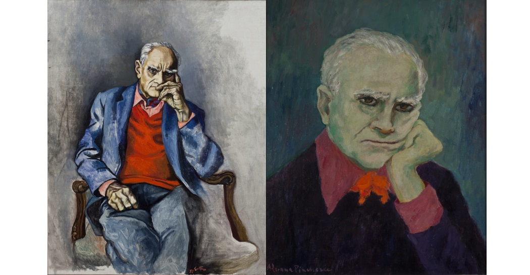 a sx RENATO GUTTUSO Ritratto Moravia con maglione rosso, 1982 - a dx ADRIANA PINCHERLE Ritratto di Moravia, 1978 a sx RENATO GUTTUSO Ritratto Moravia con maglione rosso, 1982 - a dx ADRIANA PINCHERLE Ritratto di Moravia, 1978
