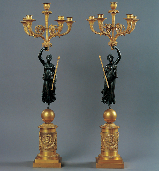 Pierre-Philippe Thomire, Coppia di candelabri a cinque braccia con baccante e tirso Pierre-Philippe Thomire, Coppia di candelabri a cinque braccia con baccante e tirso