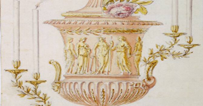 Bottega dei Valadier, Vaso in porfido con reggicandele, grafite e acquerello 