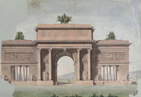 Progetto per un arco di trionfo in onore dell’imperatore Napoleone, acquerello su carta, Museo Napoleonico (inv. MN 3359)